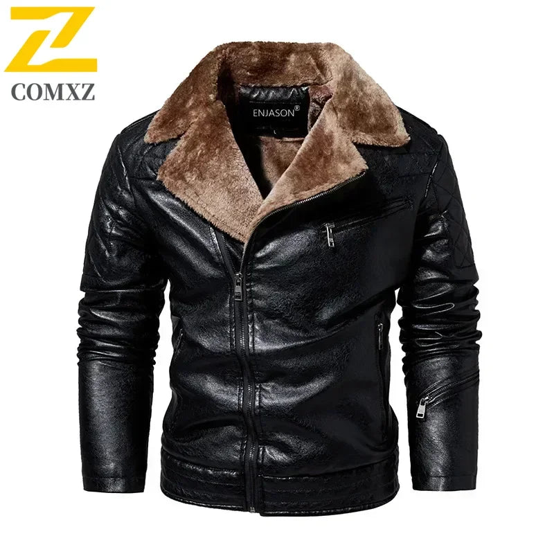Fashion Warm Winter Mens PU Leather Jacket With Fur Collar Thicken Fleece Motorcycle Coat Casual Faux Leather Locomotive Jacket