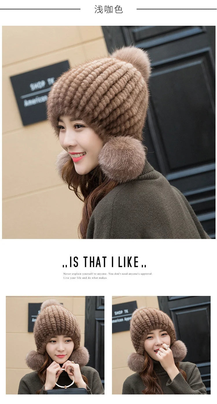 Mink Fur Hat Women Winter Thickened Ear Protection Hat Natural Fur Knitted Caps With Pom Pom Fox Ball Fashion Beanies Fur Hats