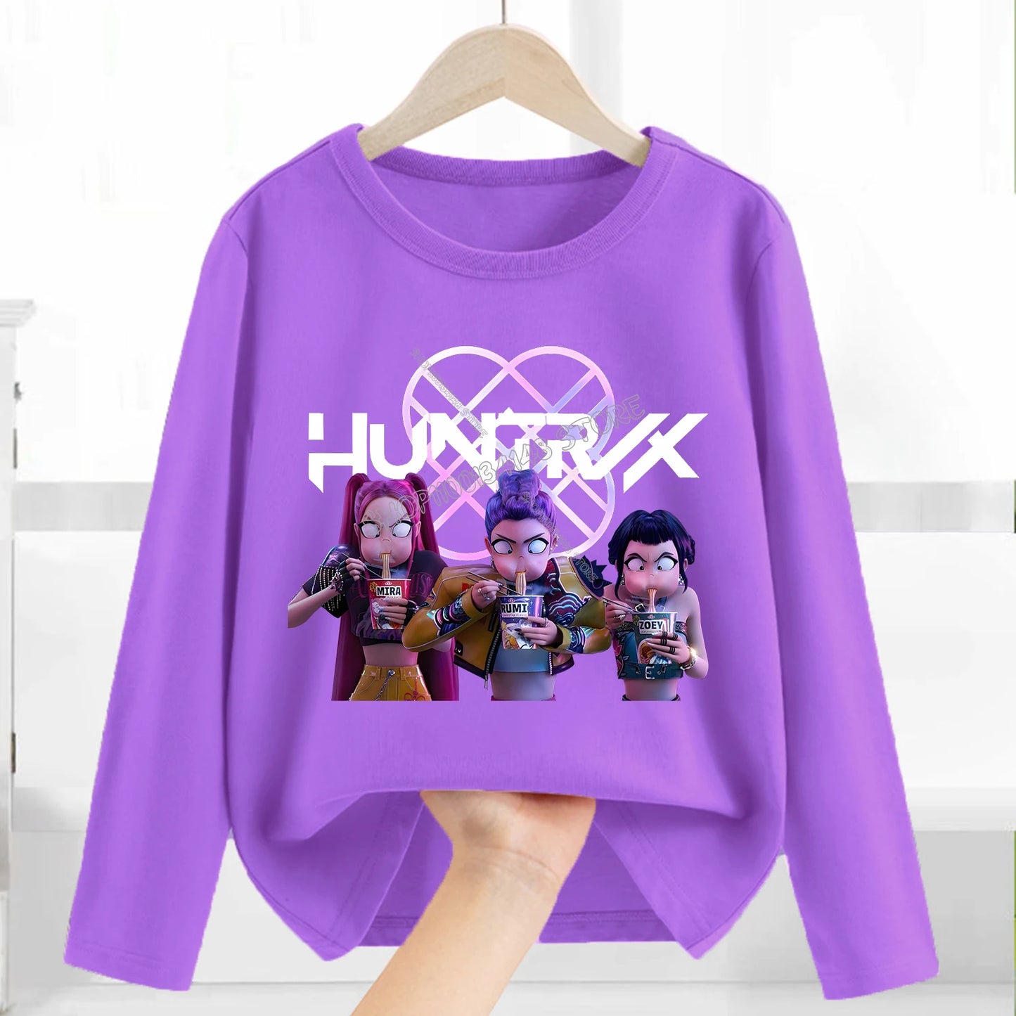 Kpop Demon Hunters Long Sleeve for Children Cartoon A-Z Letter Clothing Kids Purple Caftan Clothes Girl Round Collar Blouse Gift
