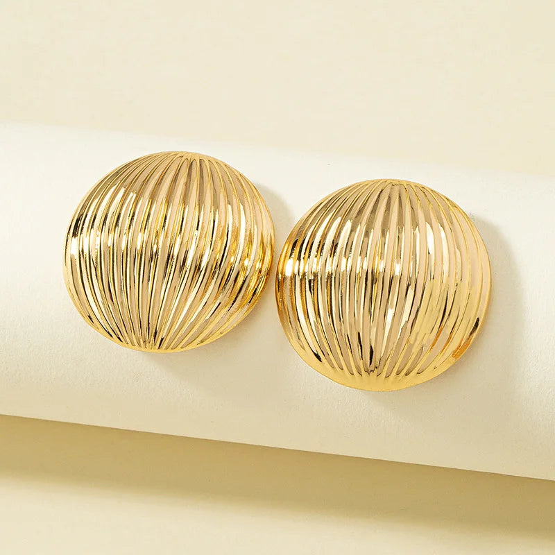 HUANZHI Trendy Punk Style Round Large Earrings for Women Girls Gold Color Metal  Exaggerated Geometric Stripe Party Jewelry
