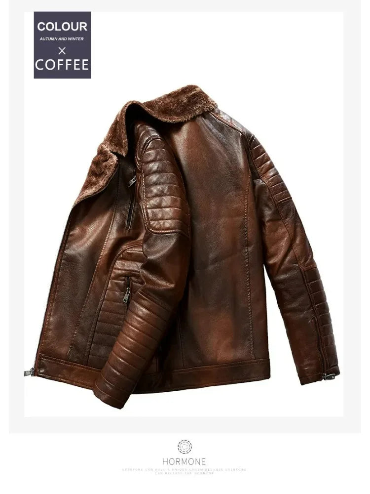 Fashion Warm Winter Mens PU Leather Jacket With Fur Collar Thicken Fleece Motorcycle Coat Casual Faux Leather Locomotive Jacket