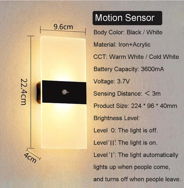 USB Recharge Wall Lamp Touch Motion Sensor Switch Indoor Acrylic Night Lights Bedroom Bedside Wall Sconce Nordic LED Wall Light
