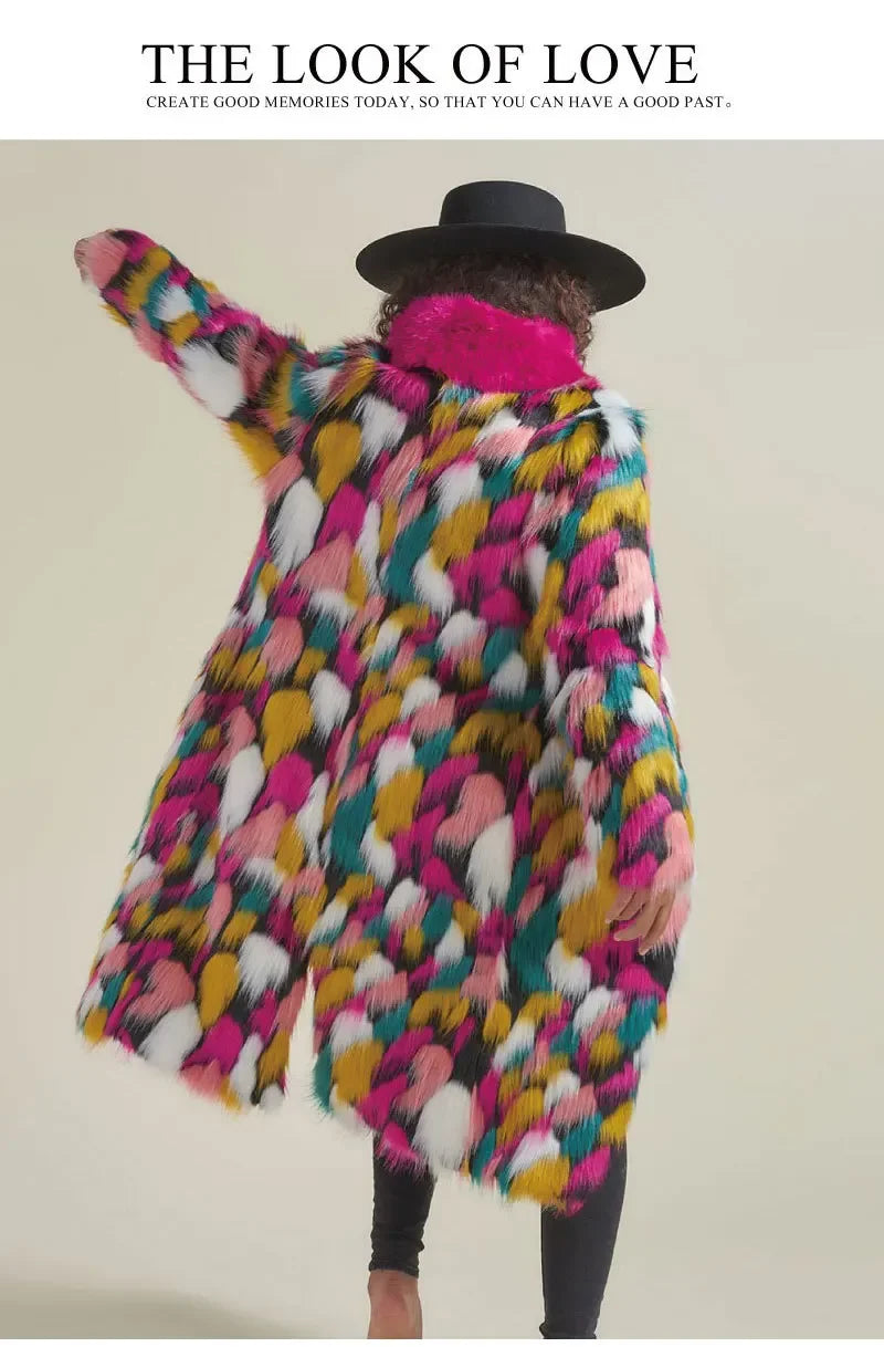 Women Faux Fur Long Coat Rainbow Colorful Faux Fox Fur Autumn Winter Lady Fashion Street Warm Quality 2023 Cloth Lugentolo