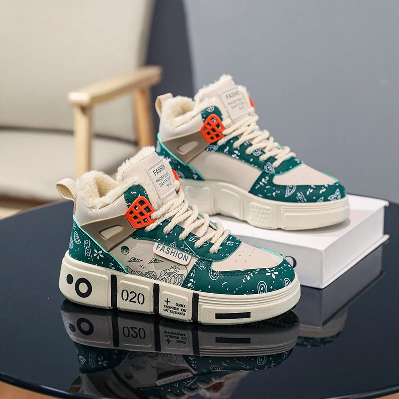 Kids Sneakers Winter Warm Plush Walking Shoes High-top Comfortable Fashion Casual Flat Tennis Shoes Childrens Boots for Boy