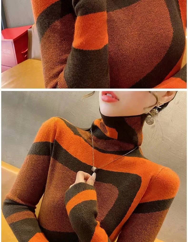 Women Clothing Fashion All-match Slim Knit Pullovers Autumn Winter Elegant Chic Geometric Patchwork Sweaters Office Lady Y2k Top