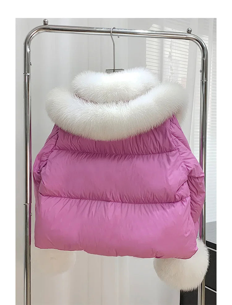 Natural Fox Fur Jacket Fashion Women Winter Luxury White Goose Down Jacket Thicken Female Casual Parkas Fur Collar Puffer Coat