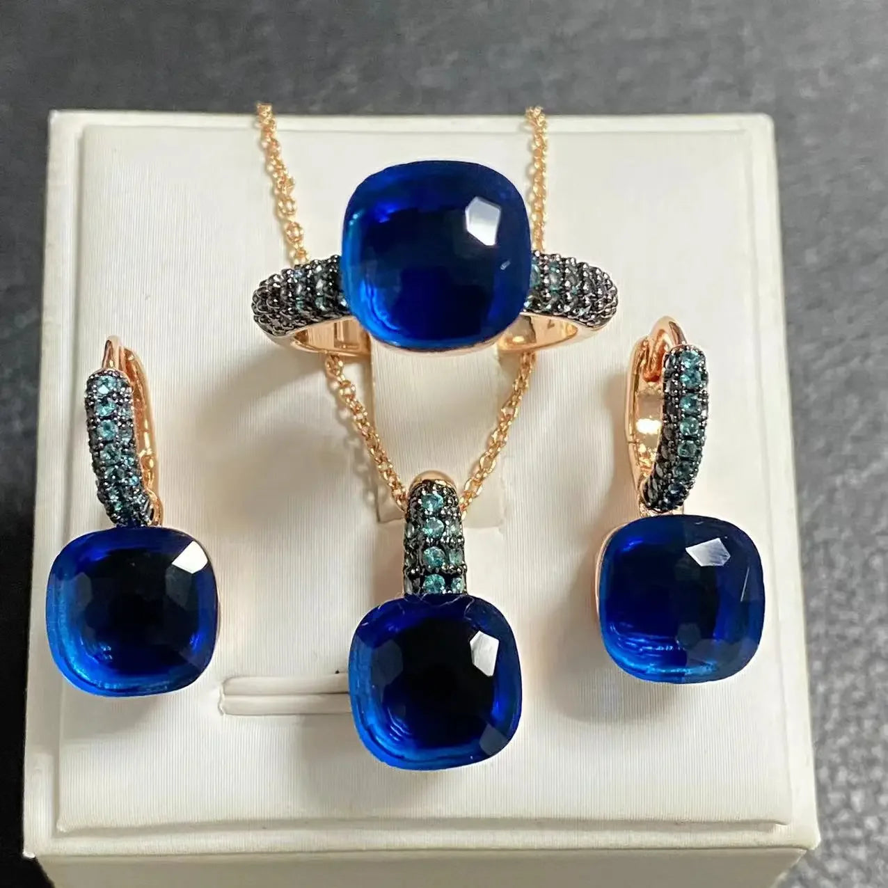 3Pcs Gun Black Plated Blue Zircon Jewelry Set for Women Includes Ring Earrings Necklace Elegant Crystal Blue Topaz Matching Gift