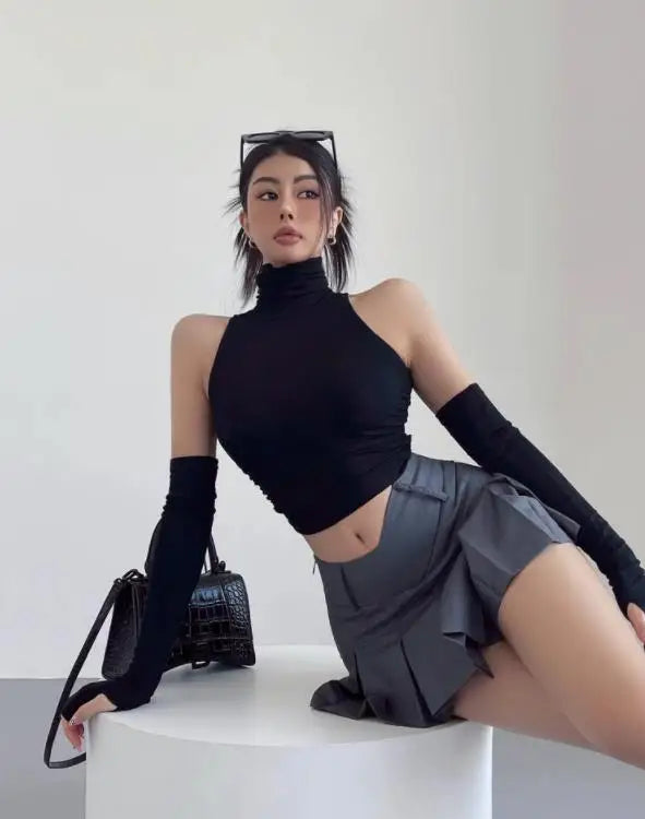 Spring Summer Top Sexy Tank Top Spicy Girl Sleeves High Neck Pleated Club Crop Top Women tshirt Skinny Streetwear Y2k Clothing