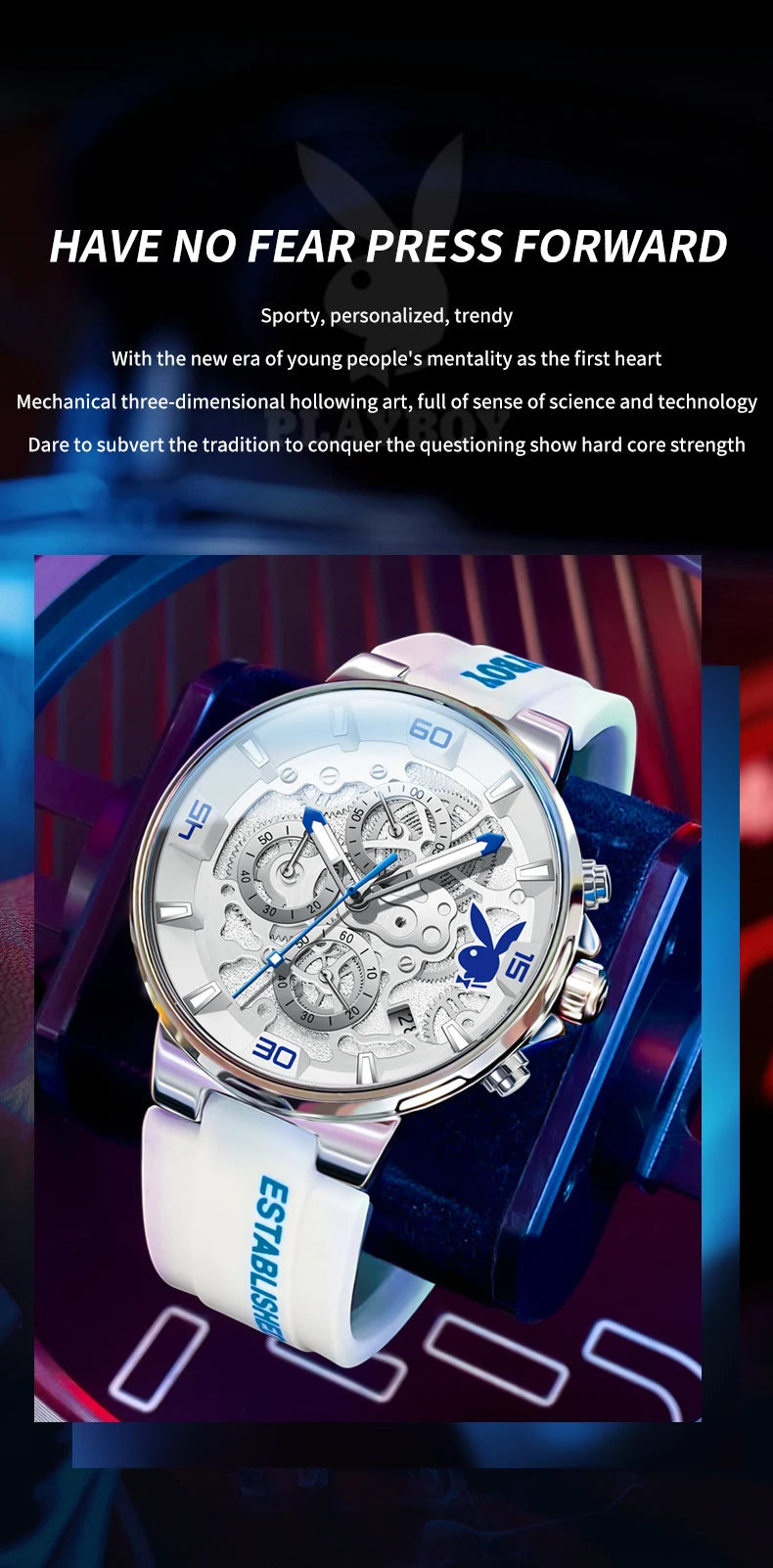 PLAYBOY Top Brand Trend Quartz Watch for Men Original Silicone Strap Men's Watches Waterproof Calendar Multifunction Male Watch