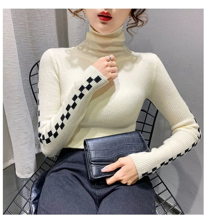 Pile Collar Plaid Bottoming Shirt Female New Autumn Winter Temperament All-match Sweater Interior Lapping Slim Turtleneck Tops