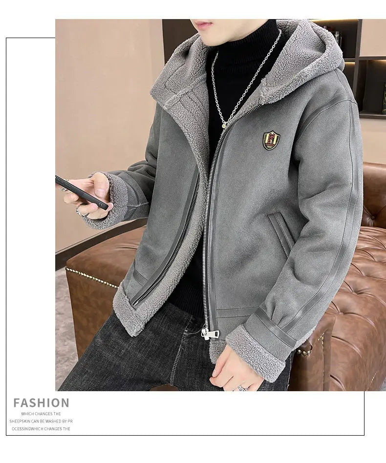 Autumn and winter fur one-piece thickened and fleece jacket for men and teenagers, gold embossed suede thickened warm jacket