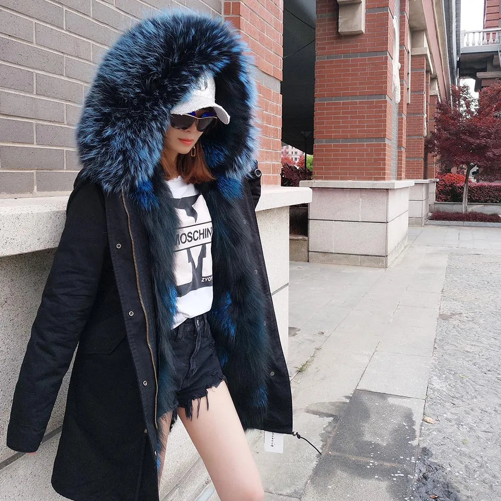 2024 MAOMAOKONG New Real Fur coat Raccoon Collar Detachable Fox fur lining jackets Women's winter Coats parkas Female clothing