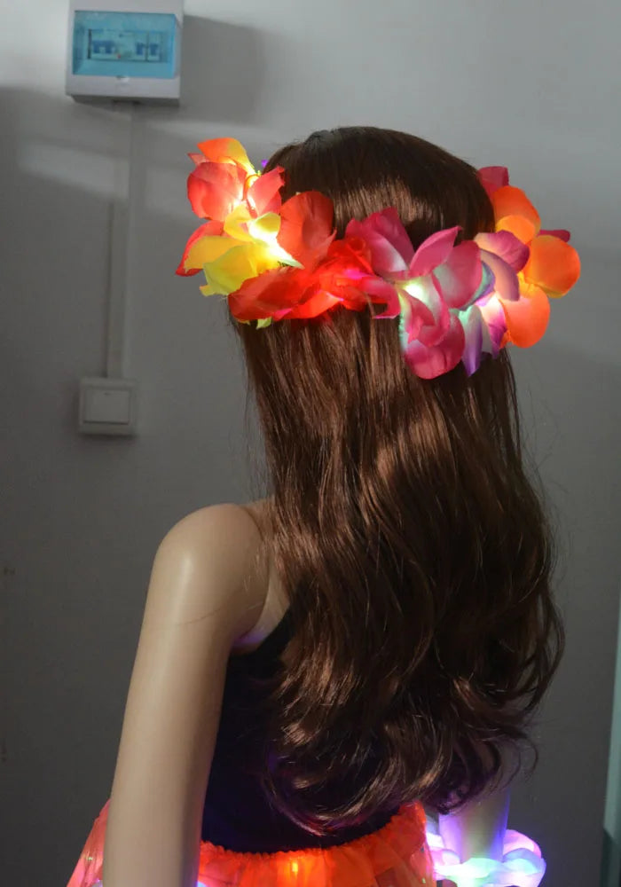 1pcs Women Girl LED Hawaii Hawaiian Lei Headband Glow Light Up Bridesmaids Bridal Flower Crown Wreath Birthday Wedding Party