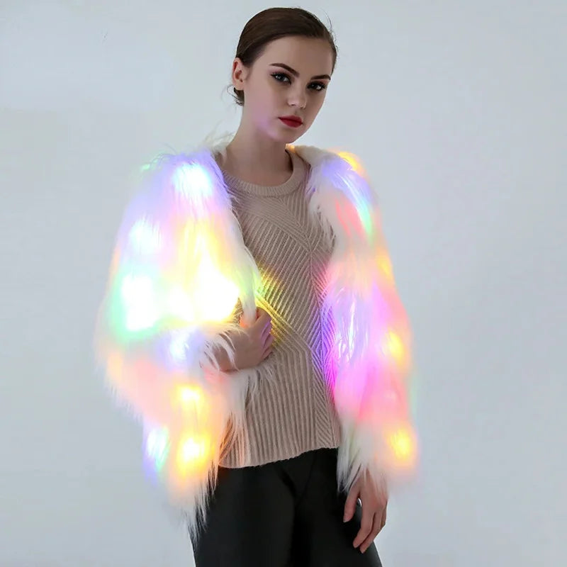 Women Faux Fur LED Light Coat Christmas Cosplay costumes Fluffy Fur jacket Outwear Winter Warm Festival Party Club Overhat