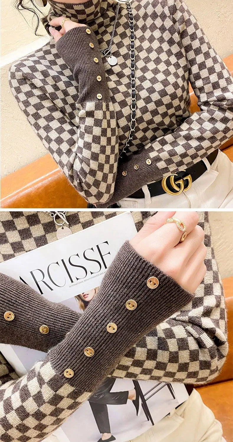 Women's Clothing Elegant Fashion Plaid Knit Pullovers Autumn Winter Vintage All-match Long Sleeve Patchwork Sweater Lady Y2k Top