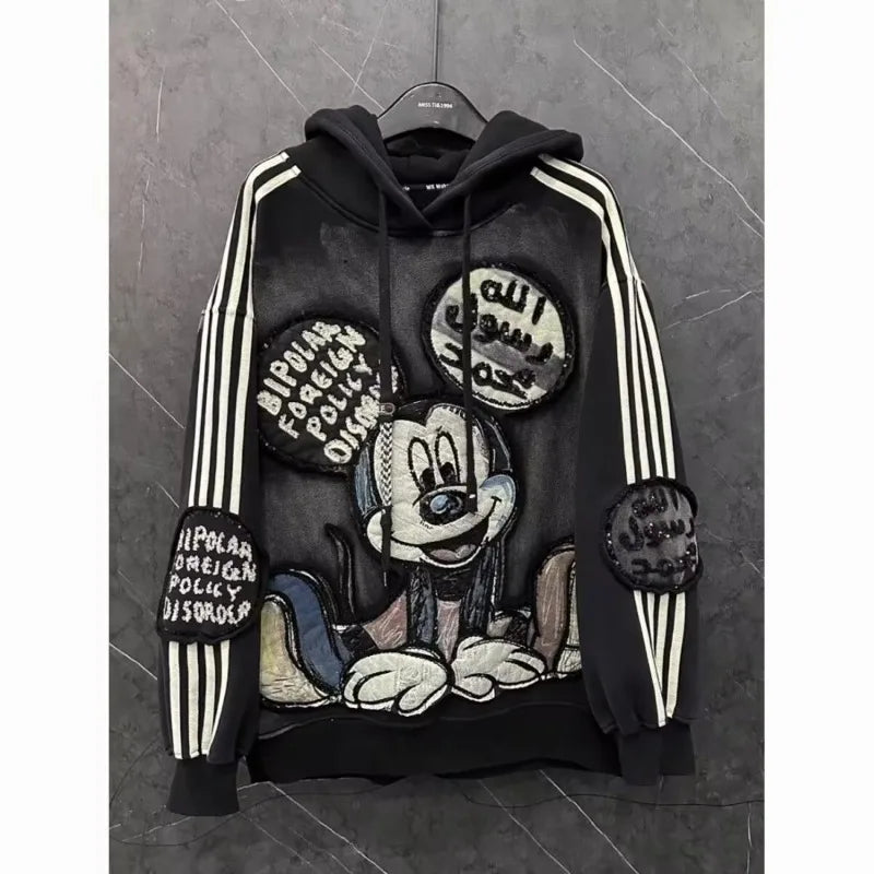 Autumn Winter Oversized Hoodie Vintage Hot Stamping Heavy Craft Mickey Patch Embroidery Hooded Long Sleeved Sweatshirt Kpop Tops