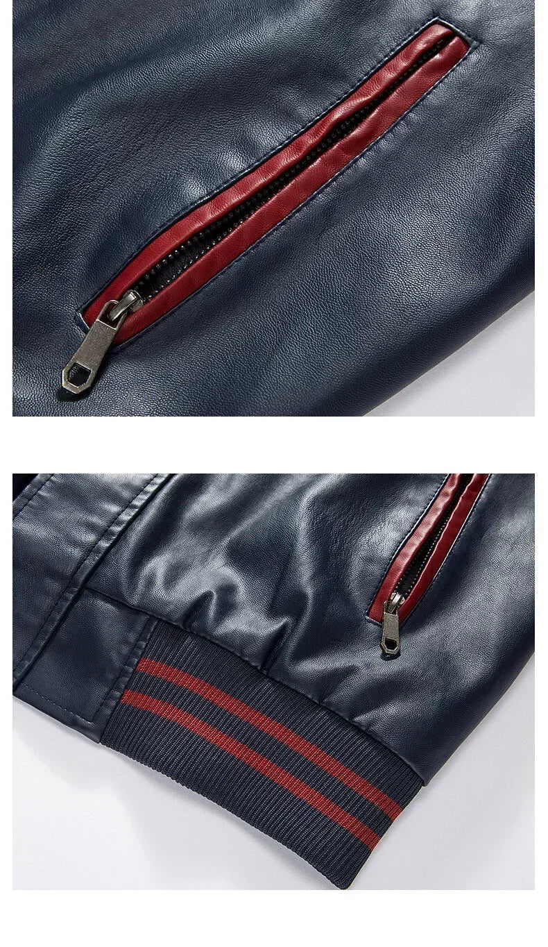 Men's American Leather Baseball Jacket Casual Color Block PU Pilot Coat Spring Autumn Leather Jacket Motorcycle Suit Jackets Men