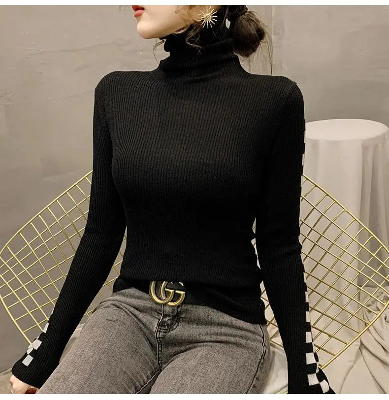 Pile Collar Plaid Bottoming Shirt Female New Autumn Winter Temperament All-match Sweater Interior Lapping Slim Turtleneck Tops