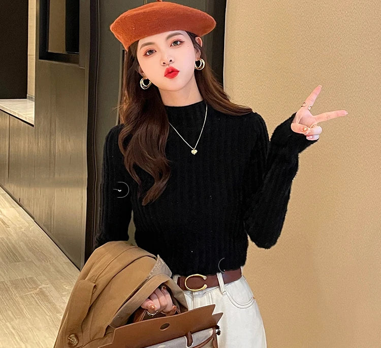 2025 Knitted Pullover Thick Warm Turtleneck Sweater Women Tops Lined Sweater Autumn Winter Streetwear Jersey Knitwear Jumper