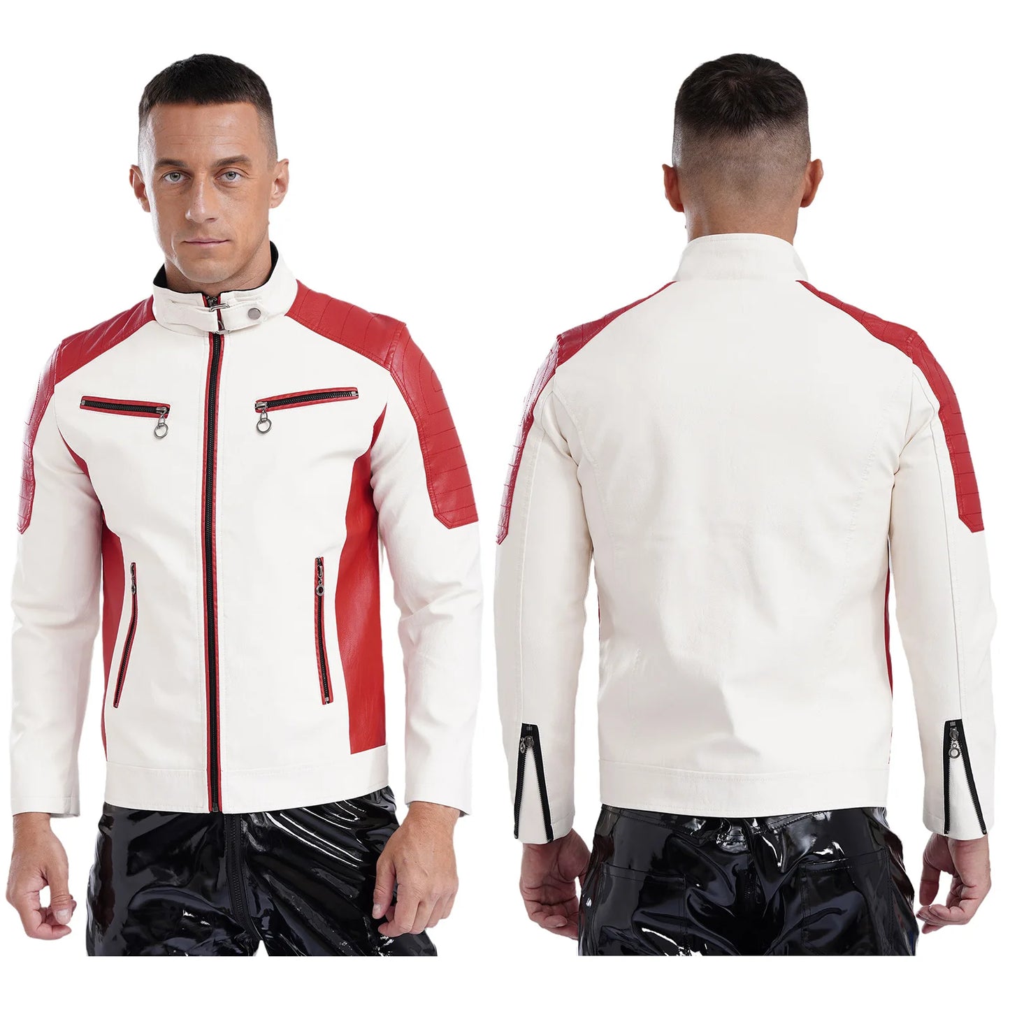 Mens Racing PU Leather Jackets Coat Long Sleeve Front Zipper Outerwear Windproof Motorcycle Biker Racer Bomber Jacket Streetwear