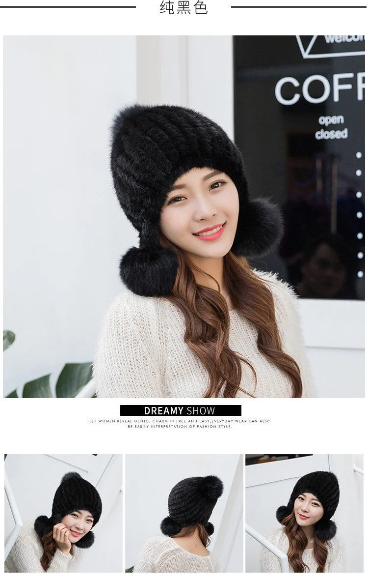 Mink Fur Hat Women Winter Thickened Ear Protection Hat Natural Fur Knitted Caps With Pom Pom Fox Ball Fashion Beanies Fur Hats