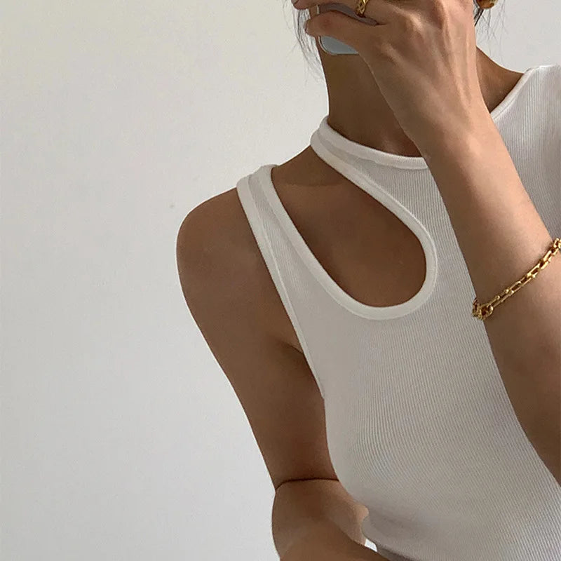 Casual y2k White Cut Out Women's T Shirt Sleeveless Slim T Shirts Female Clothing 2024 Summer Fashion crop top women camisetas
