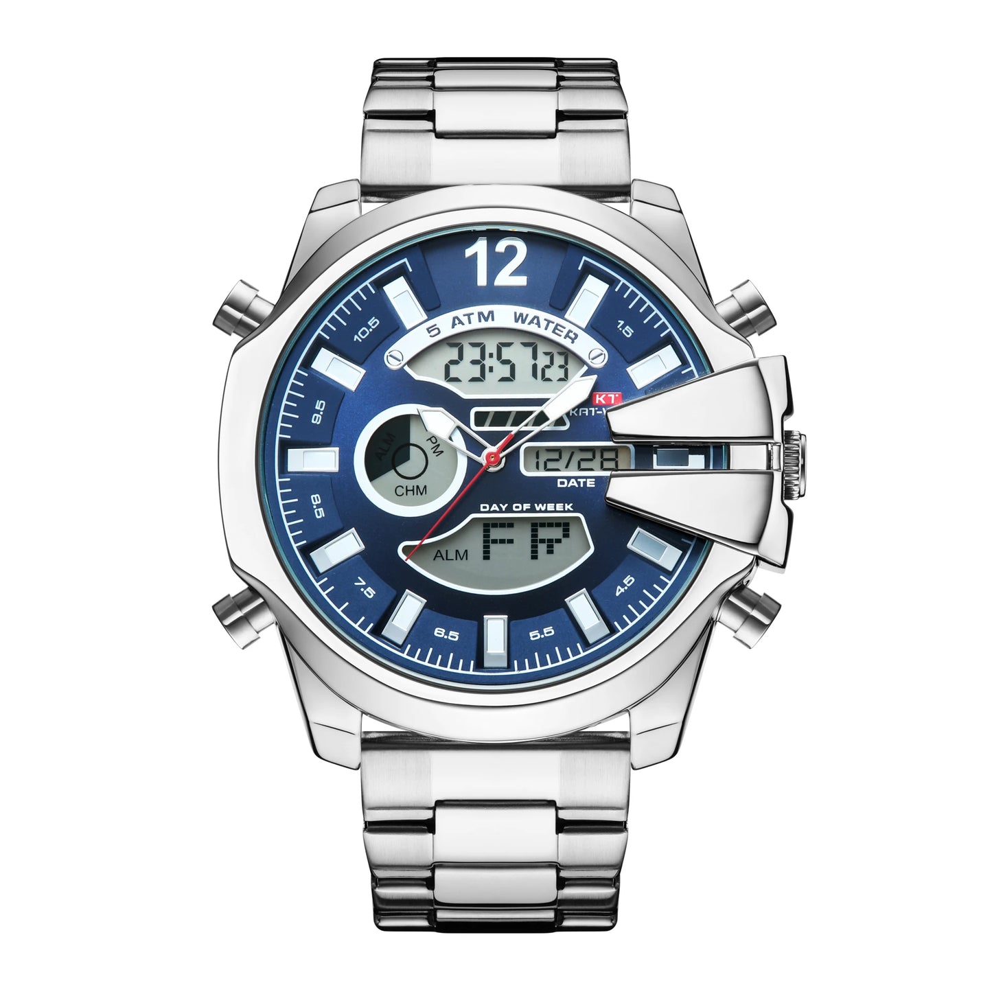 KAT-WACH double display men's watch multi-color steel strip watch led light alarm clock calendar week display