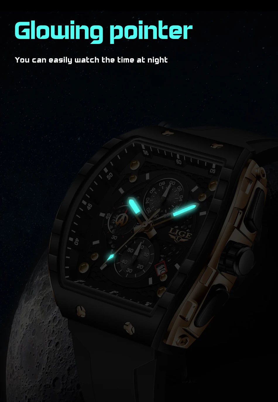 LIGE Waterproof Watches For Men Original Brand Luxury Silicone Square Men's Quartz Wristwatch Fashion Military Chronograph Male