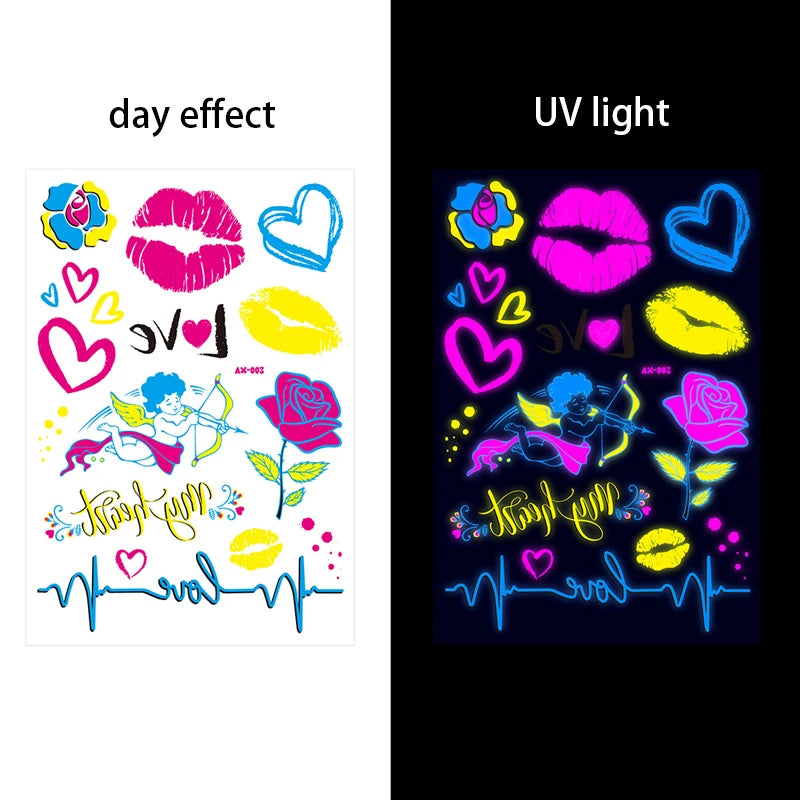 Luminous Temporary Tattoos Stickers Fluorescent Neon In Dark Illuminate Tattoo Elephant/Love Heart Shoulder Tattoo Party Sticker