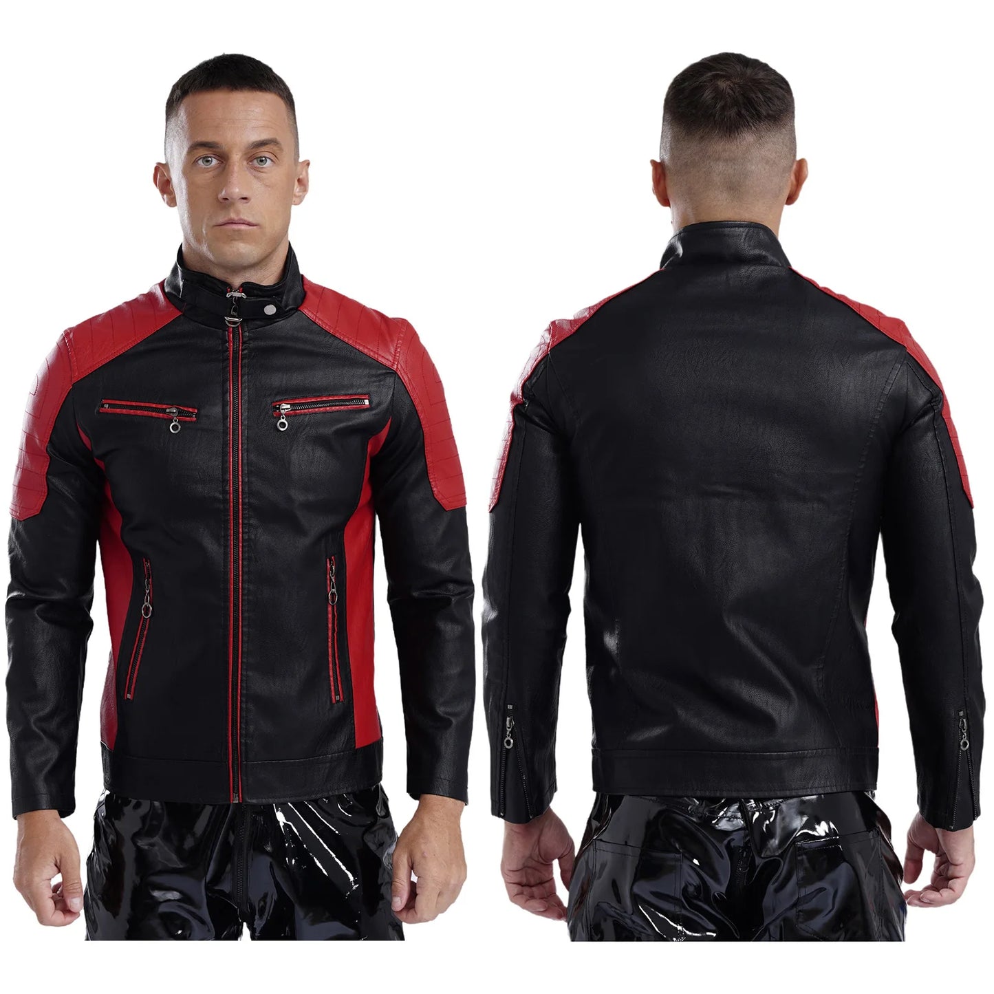 Mens Racing PU Leather Jackets Coat Long Sleeve Front Zipper Outerwear Windproof Motorcycle Biker Racer Bomber Jacket Streetwear