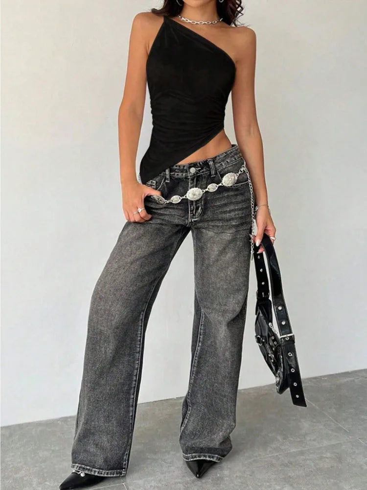 2025 Fashionable Women's Casual T-Shirt Solid Color Single Shoulder Asymmetrical Slim Fit One-Piece Neck Top