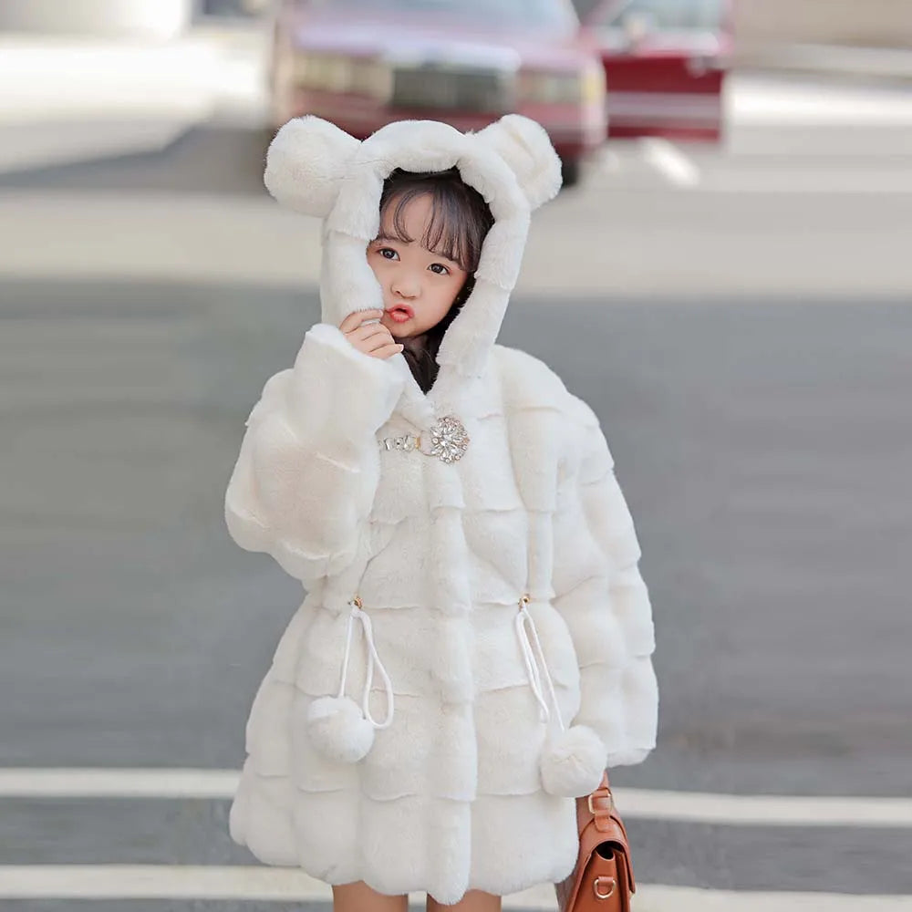 Girls Faux Mink Fur Coat Winter Children Girls Long Sleeve Hooded Christmas Jacket Super Warm  Kids Girls Coat Girls Outerwear