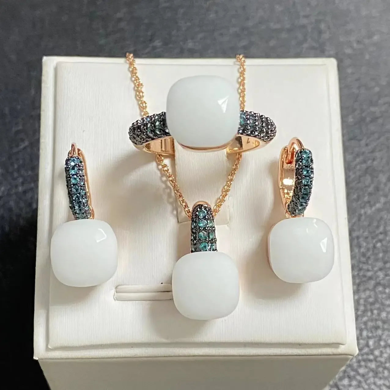 3Pcs Gun Black Plated Blue Zircon Jewelry Set for Women Includes Ring Earrings Necklace Elegant Crystal Blue Topaz Matching Gift