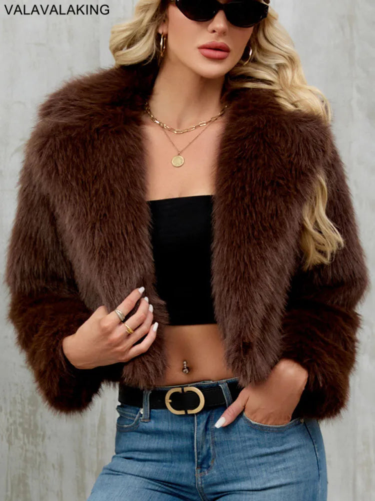 2025 Female Winter Brown Faux Fur Coat For Women Casual Long Sleeve Fluffy Plush Jacket Lady Solid Thick Fake Fur Warm Cardigan