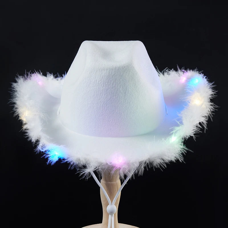 2024 New Felt Party Hats Fashion Cowboy Hat with Colorful LED Light Fun Party Disco Pink Cowgirl Hat for Women Men