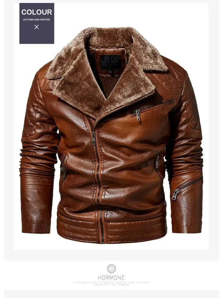Fashion Warm Winter Mens PU Leather Jacket With Fur Collar Thicken Fleece Motorcycle Coat Casual Faux Leather Locomotive Jacket