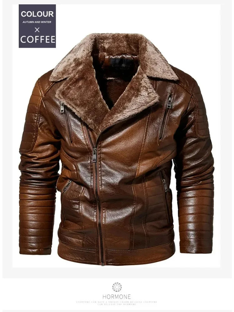 Fashion Warm Winter Mens PU Leather Jacket With Fur Collar Thicken Fleece Motorcycle Coat Casual Faux Leather Locomotive Jacket