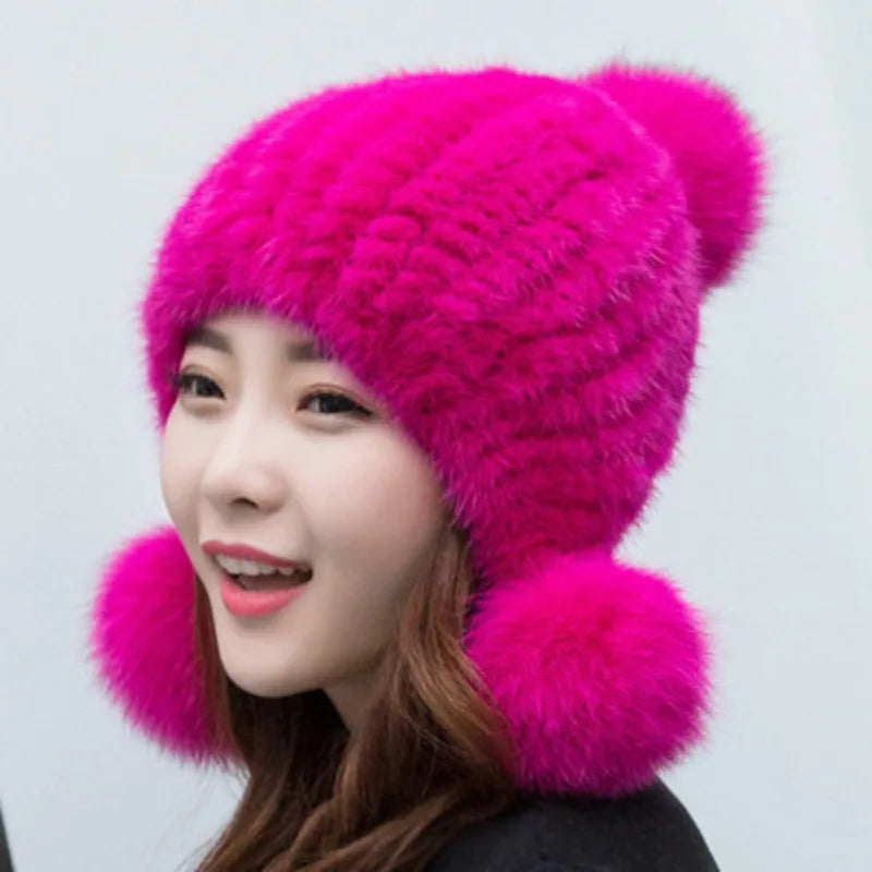 Mink Fur Hat Women Winter Thickened Ear Protection Hat Natural Fur Knitted Caps With Pom Pom Fox Ball Fashion Beanies Fur Hats