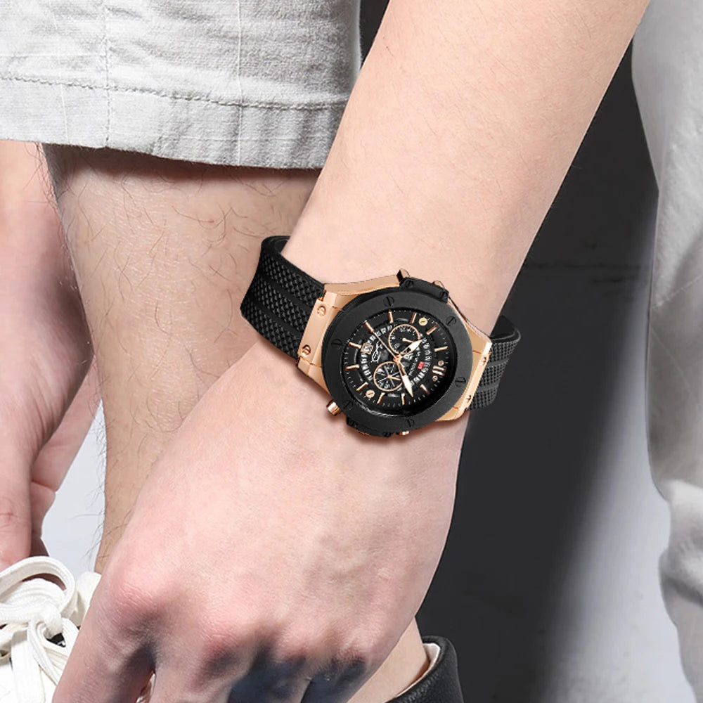 Black Silicone Mens Hand 46mm Hollowed Out Large Dial Rose Gold Fashionable Military Style Original Quartz Movement Sports Watch