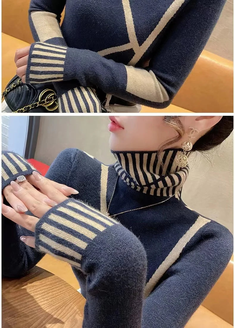 Women's Clothing Fashion All-match Turtleneck Long Sleeve Sweaters Autumn Winter Elegant Chic Slim Knit Pullovers Lady Y2k Tops