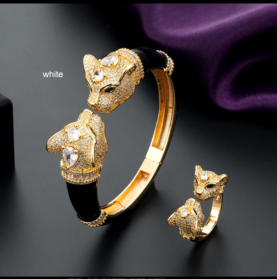 Ms High Quality Jet Leopard Animal Fashion Bangle Wtih Ring Women‘s Bridal Jewelry set Fine AAA Cubic Zirconia Bangle Bracelet