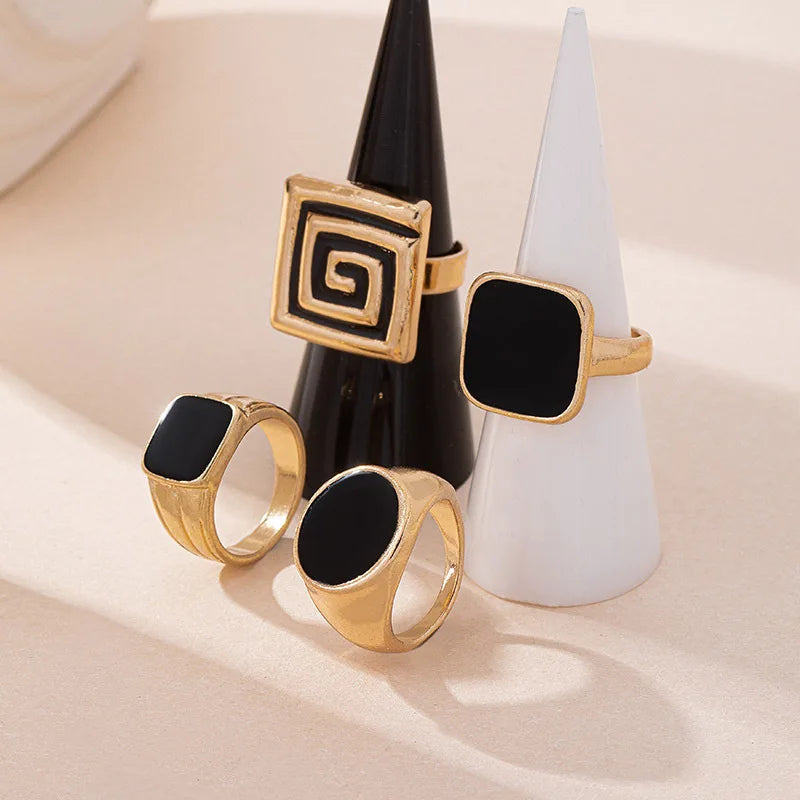 Round and Square Black Enamel Glaze Ring Women Girls Product Fashion Jewelry Hot Sale Party Gift 2025 New Style