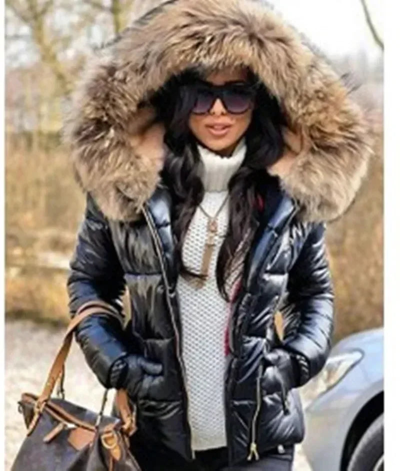 New Hood Solid Color Fur Hooded Jacket Autumn Winter New Women's Cotton-Padded Down Short Parka Coat Jacket Fashion Casual