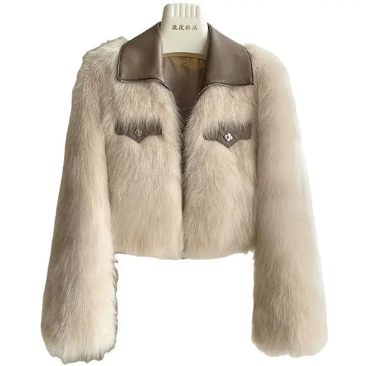 Spring and Autumn Korean Chic Polo Collar Loose Fur Coat Women Clothing Winter Coat Faux Fox Fur Plush Short Jackets Women Tops