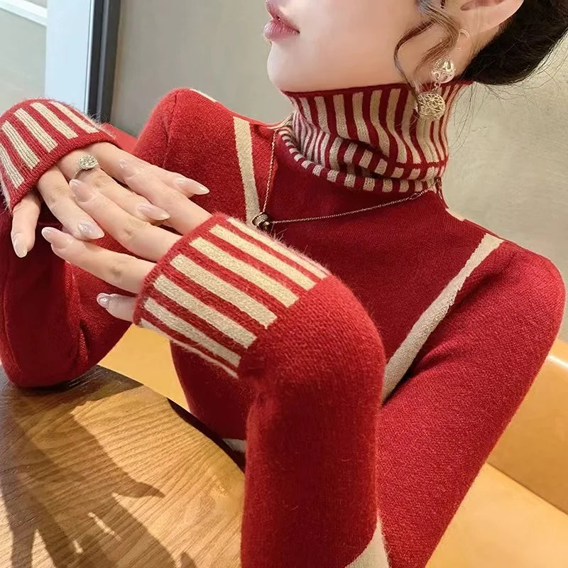 Women's Clothing Fashion All-match Turtleneck Long Sleeve Sweaters Autumn Winter Elegant Chic Slim Knit Pullovers Lady Y2k Tops