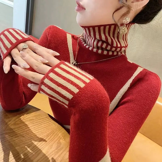Women's Clothing Fashion All-match Turtleneck Long Sleeve Sweaters Autumn Winter Elegant Chic Slim Knit Pullovers Lady Y2k Tops