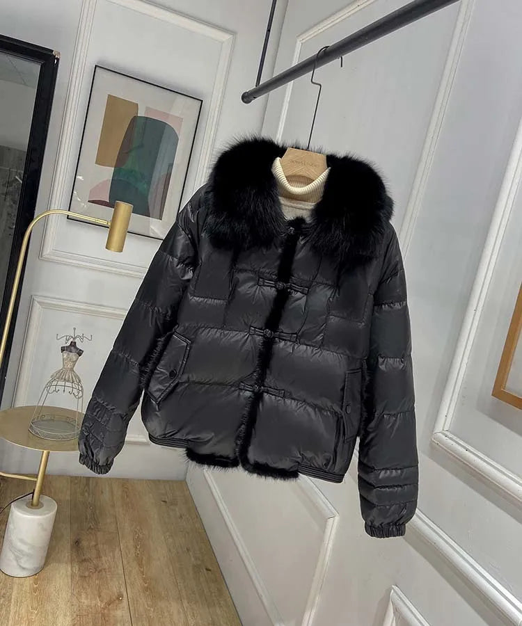 2023 Real Fox Fur Collar Winter Women 90%White Duck Down Jacket Ladies Short Warm Puffer Coat Female Loose Vintage Parka