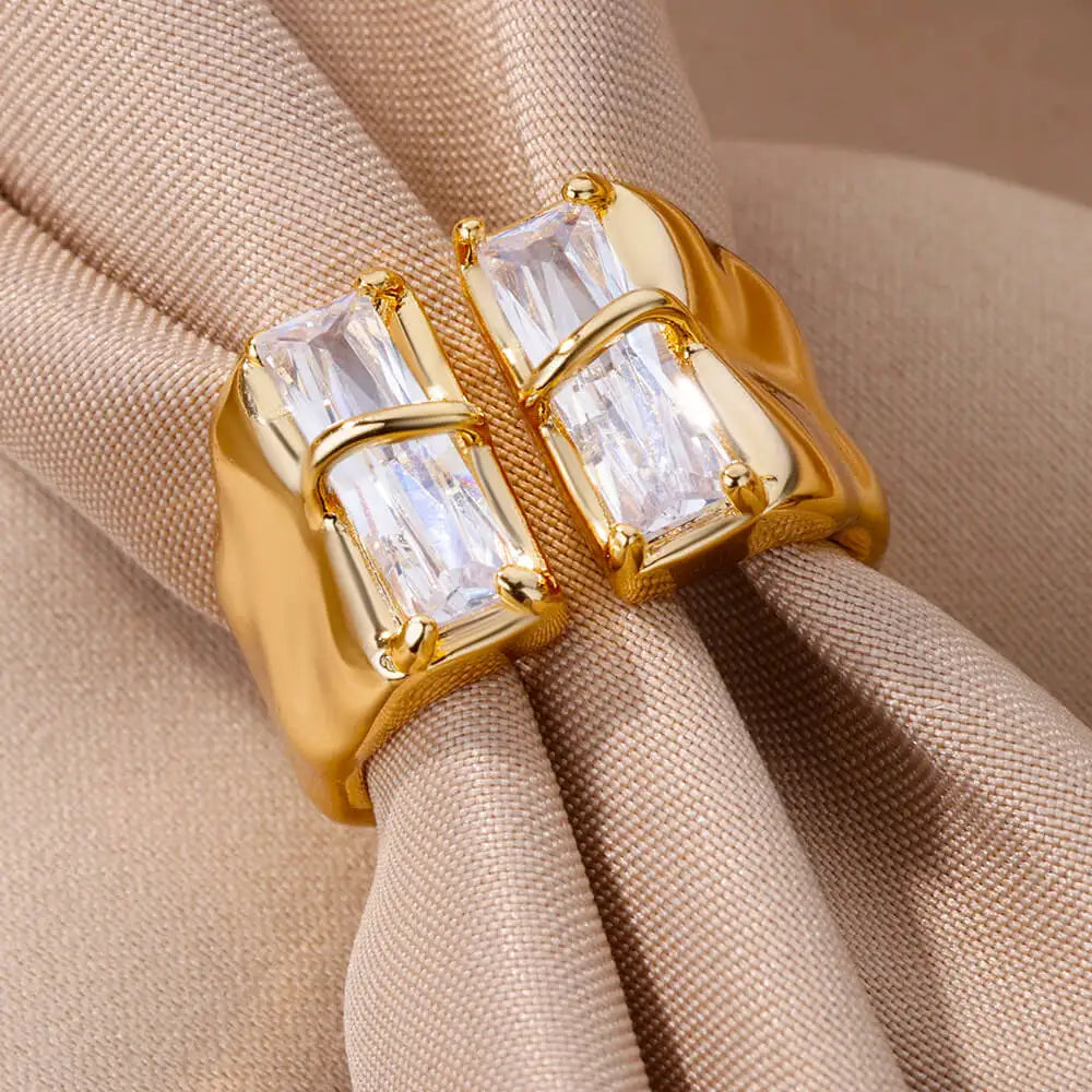 Irregular Square Zircon Ring For Women Stainless Steel Gold Plated Opening Ring Wedding Party Fashion Jewerly Gift Free Shipping