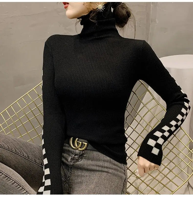 Pile Collar Plaid Bottoming Shirt Female New Autumn Winter Temperament All-match Sweater Interior Lapping Slim Turtleneck Tops