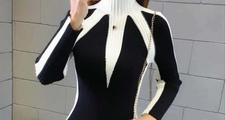 Autumn Winter Turtleneck Contrasting Colors Spliced Sweaters Female Fashion Office Lady Warm Knitted Jumpers Women's Clothing